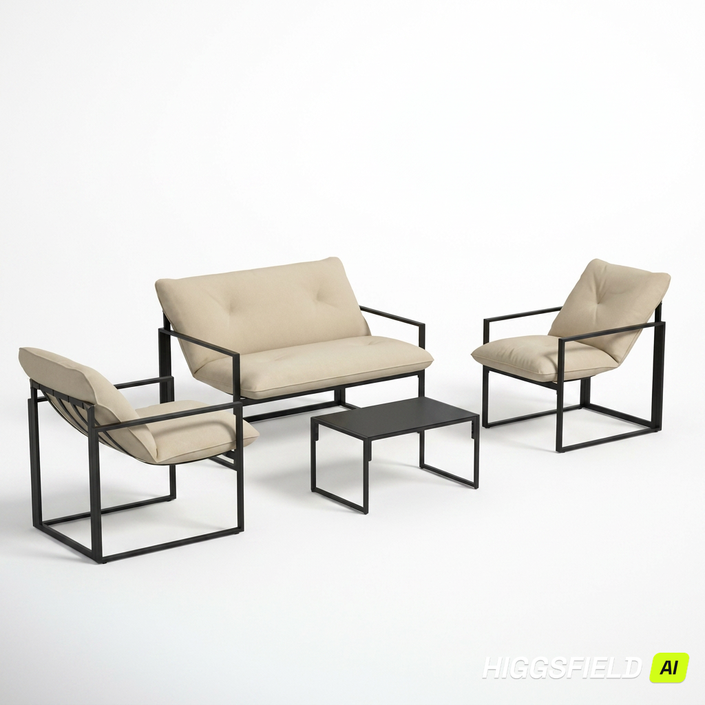 Salon de jardin – Ensemble 4 pièces acier & coussins beige