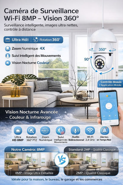 Caméra de Surveillance Wi-Fi 8MP PTZ – Zoom Optique 4X, Vision Nocturne Couleur & Suivi Intelligent
