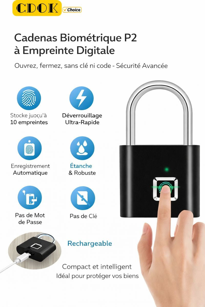 Cadenas à Empreinte Digitale P2 – Sécurité Biométrique Rechargeable Étanche