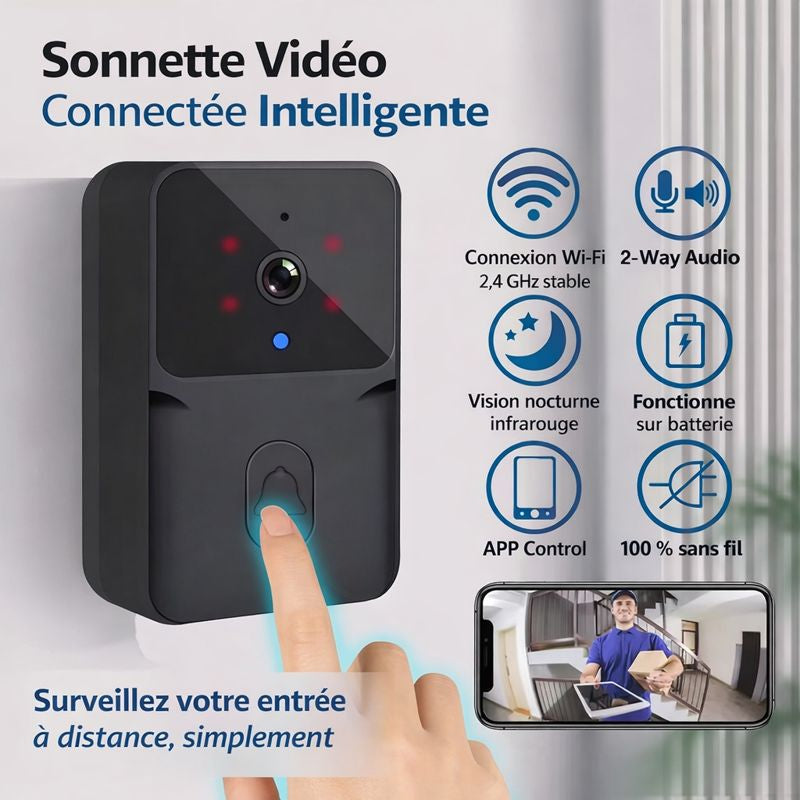 Sonnette Vidéo Connectée Wi-Fi avec Caméra – Audio Bidirectionnel & Vision Nocturne