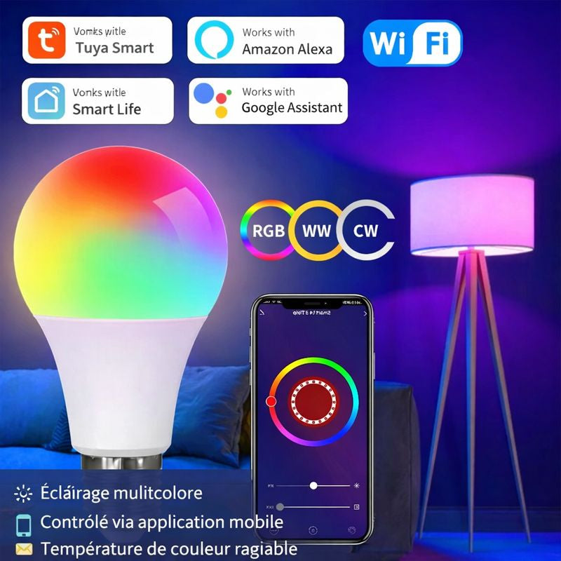 Ampoule LED Connectée Wi-Fi E27 RGB – Contrôle Vocal & Application Mobile