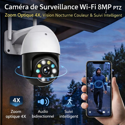 Caméra de Surveillance Wi-Fi 8MP PTZ – Zoom Optique 4X, Vision Nocturne Couleur & Suivi Intelligent