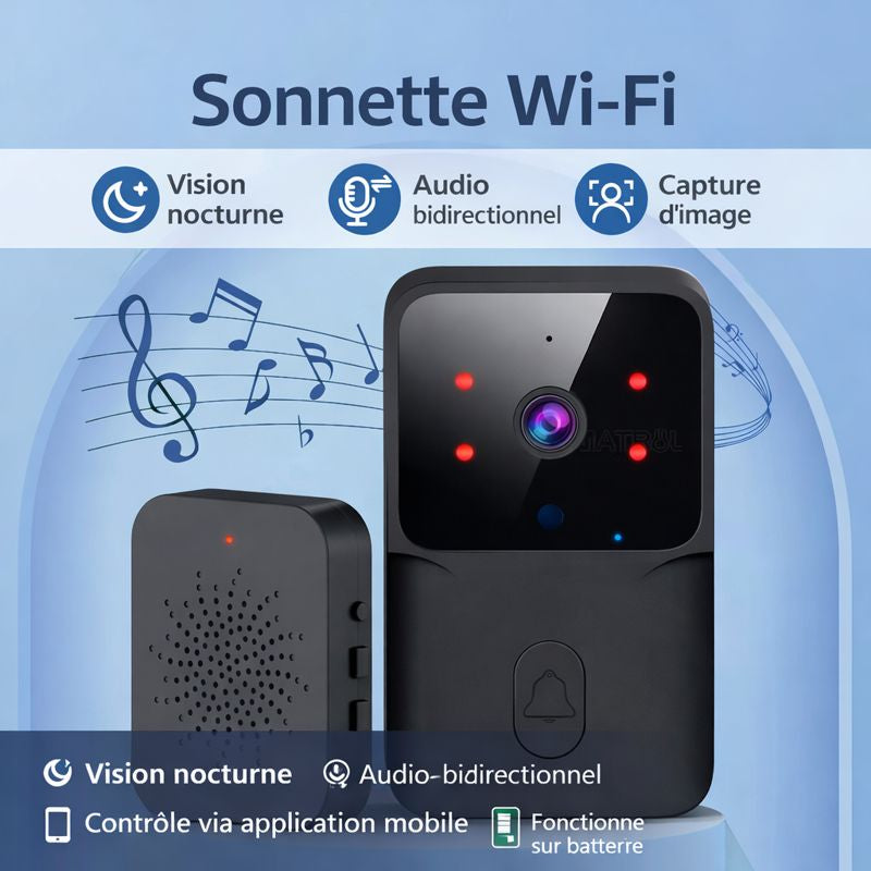Sonnette Vidéo Connectée Wi-Fi avec Caméra – Audio Bidirectionnel & Vision Nocturne