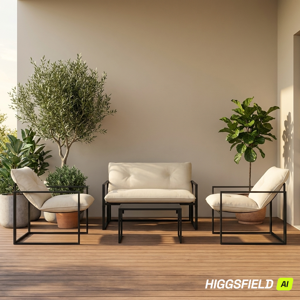 Salon de jardin – Ensemble 4 pièces acier & coussins beige