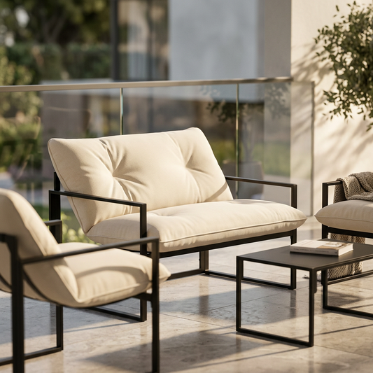 Salon de jardin – Ensemble 4 pièces acier & coussins beige